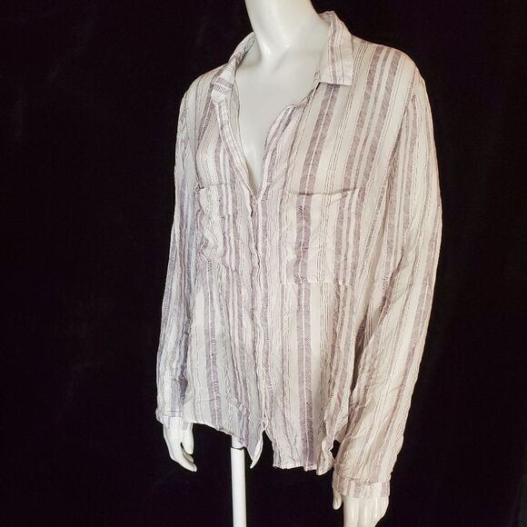Anthropologie Cloth & Stone White Striped Long Sleeve Button Down Top (L) - Picture 1 of 5